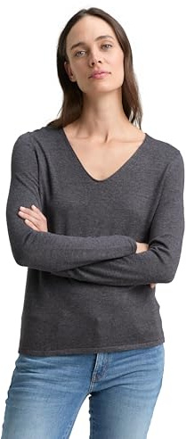 TOM TAILOR Damen Basic Strickpullover mit V-Ausschnitt, 30281 - Evident Anthracite Melange, M