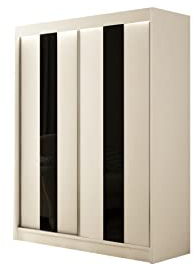 ALTDECOR Kleiderschrank mit Lacobel-Schiebetüren, kugelgelagerte Führungsschienen und Aluminium- Leisten, LED-Beleuchtung (weiß mit 16 Farben) und Fernbedienung - LUKIA- 200 cm Weiß - Lacobel Schwarz