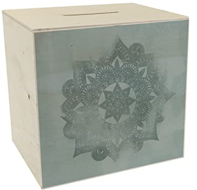 Mandalamuster Spardose aus Holz in blau als Geschenkidee für Liebhaber von Mandalas und Goa um auf einen Herzenswunsch zu sparen