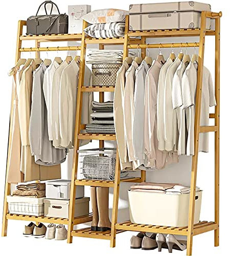 Garderobenständer Bambus Kleiderständer, kleiderständer Holz mit Ablage Offener Kleiderschrank System, Freistehender Verdickte Kleiderstange für Schlafzimmer Flur Wohnzimmer