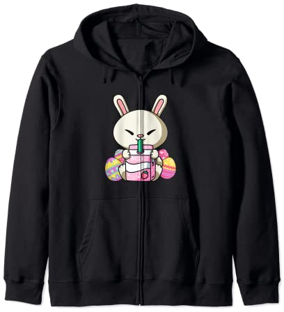 Conejo de Pascua, fresa, leche, huevo, caza divertida de Pascua Sudadera con Capucha