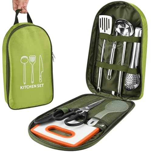 Sayudar Set da cucina da campeggio,8pz,utensili da cucina portatili per esterni,set di posate da cucina con posate multifunzione in acciaio inossidabile e custodia impermeabile. Adatto per viaggi,