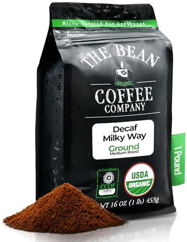 The Bean Organic Coffee Company Water Processed DECAF Milky Way, Medium Roast, Ground Coffee, 16-Ounce Bag, Café Molido Tostado Orgánico descafeinado