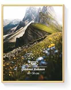 KHG Bilderrahmen aus Kunststoff mit stabilem Glas und Passepartout, zum Aufhängen oder Hinstellen, Ideal für Portraits, Urkunden, Poster - gold, 40x50 cm