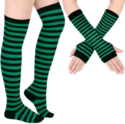 Blulu Armstulpe Beinwärmer für Damen Gestreifter Oberschenkel Strumpf Fingerlose Handschuhe Streifen Strumpf(Grün und Schwarz)