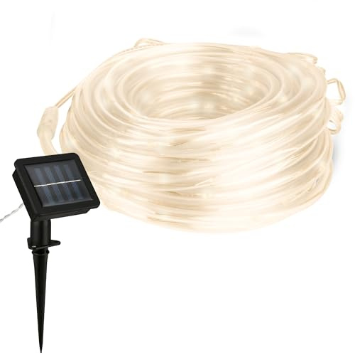 BRILONER – LED Strip Solar 10 Meter, Warmweißes Licht, Spitzwassergeschützte Solar Lichterkette Aussen, LED Streifen mit 2 Lichtmodi, Schlauch Outdoor, Band, Weiß, Klar