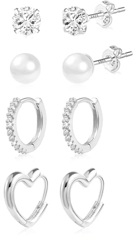 Silber Creolen Ohrringe Kleine Ohrstecker Set Penlen Zirkon Ohrsteck Damen