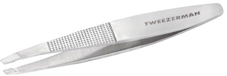 TWEEZERMAN Pinzette Breiter Griff (Handgeschliffene schräge Spitzen, Augenbrauen zupfen, Profi Qualität, rostfreier Edelstahl), Silber
