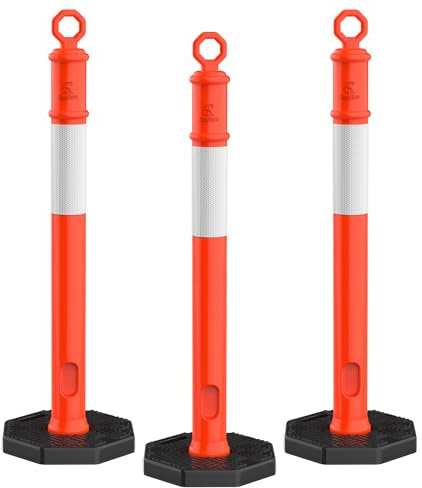 RoadHero 45 Inch 3 Pack Delineator Post with Base, Orange Traffic Delineator Posts Cones with Reflective Collars for Parking Lots, Road Safety, Construction Events