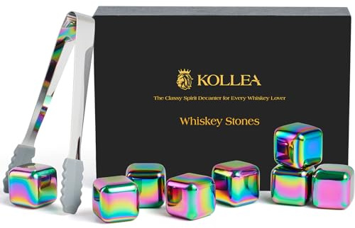 Kollea Whiskey Stones, 8 PCS Multicolor Stainless Steel Whiskey Chilling Rocks, Reusable Ice Cubes for Bottle Drinking, for Men Dad, Boyfriend, Bourbon, Cocktail Bar, Fathers, Anniversary, Christmas