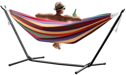 Basics Doppel-Hängematte mit platzsparendem Metallständer, Indoor-Hängemattenständer mit Tragetasche, starke Tragfähigkeit, gestreifter Druck, für Camping, Garten, Hinterhof, Terrasse, Innen- und