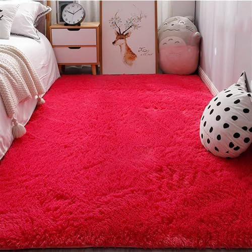 Guetto Hochflor Teppich Wohnzimmer rutschfest Fellteppich Shaggy Flauschig Weich Modern Kunstfell Fell Imitat Einfarbig, Teppich für das Schlafzimmer/Wohnzimmer/Kinderzimmer,Rose red,120x160cm