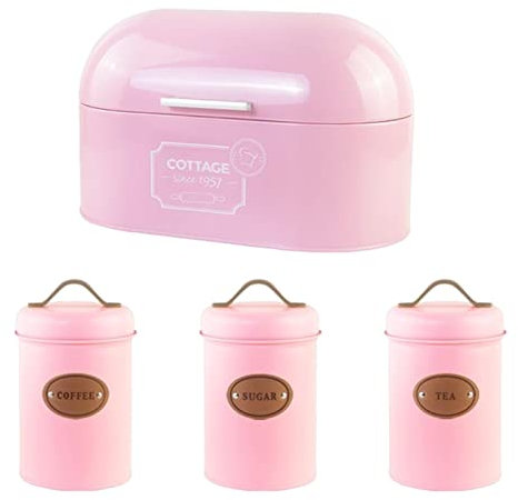 Duiaynke Caja de pan de gran capacidad, recipiente de almacenamiento de café y azúcar con tapa, caja de pan de té con recipiente para encimera de cocina (rosa)