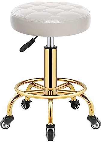 Barstuhl Tresenhocker Rollbarer Barhocker, PU-Leder, Runder Sitz, Büro-Arbeitshocker Mit 5 Krallen Aus Metall Und Drehbaren Rädern, Verstellbar Von 46–61 Cm Bistrohocker Designer Hocker ( Color : Whit