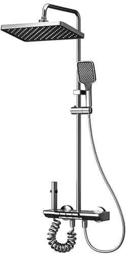 Duschsystem mit Duschsäule mit 4 Klaviertasten, Kopfbrause mit Niederschlag, Handbrause und Schwallbrause, Booster-Brause in Rotgussgrau