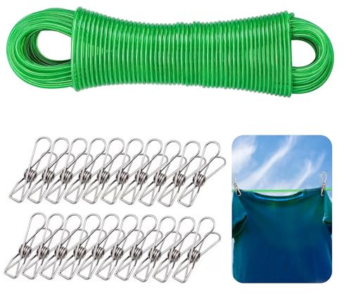 Wäscheleine, 30m Wäscheleinen, 3mm Wäscheseil mit Stahlkern mit 20 Clips für Draußen Garden Camping(Grün)