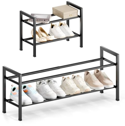 Bumusty 2 Tier Expandable Shoe Rack, Black | 18-33 Adjustable Shoe Organizer Shelf for Wardrobe, Metal Free Standing Shoe Rack Storage for Small Space, Hallway