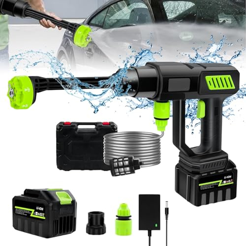 Limpiador de Alta presión inalámbrico de 21 V, Limpiador de Alta presión con batería, 6 en 1 Boquilla Multiuso, Manguera de 5 m, para Coche, hogar, Suelos, Exterior (1 batería y 1 Cargador)