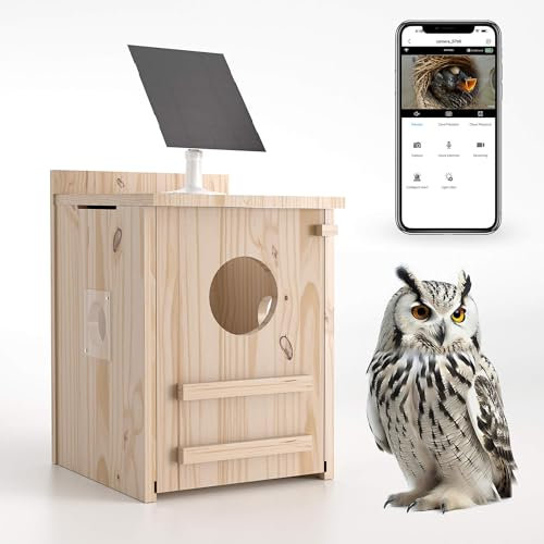 Solarbetriebenes Smart Eule Haus mit Kamera - Outdoor Hängender Holz Nistkasten Echtzeitansicht & Bewegungserkennung für Garten für 2,4g WiFi Abdeckungsbereich für Eulenliebhaber