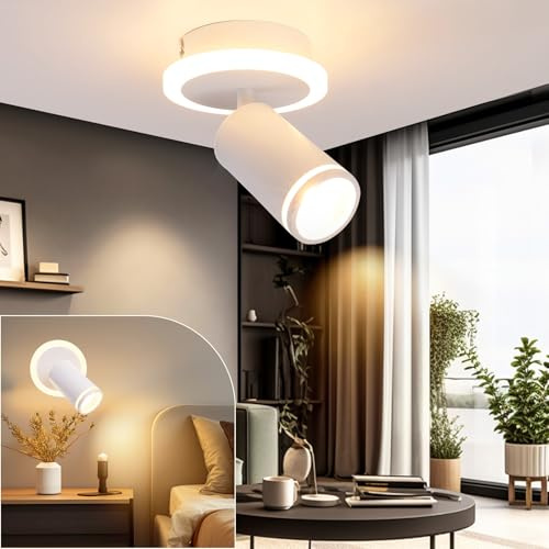URing LED Deckenstrahler 1 Flammig Schwenkbar Rund Deckenlampe Weiß | mit Unteres Glühen 5W+5W GU10 LED, Deckenleuchte Deckenspot Lampe 3000K Warmweiß Wandstrahler für Küche Wohnzimmer Flur