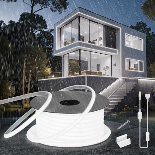 SUCIKORIO Striscia LED Neon 20 Metri, Silicone Rotondo COB Strisce LED Esterno 20m Impermeabile Ignifugo IP65 Luci Leds Cucina 220V Bianco Freddo 6000K Tagliabile 120 LED/m LEDs Strip Con Interruttore