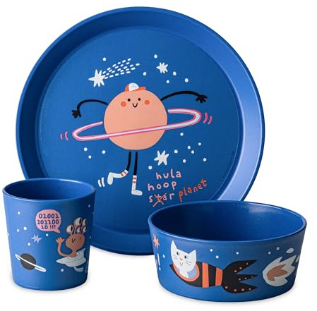 Koziol CONNECT SPACE Kindergeschirrset 3teilig | kleiner Teller + Schale + Becher | für Kinder ab 6 Monate | biozirkulärer Kunststoff, bruchfest, spülmaschinengeeignet (organic space blue)