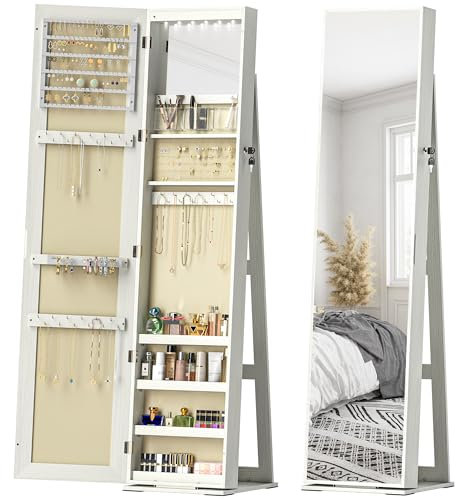 HOMCOM Miroir à bijoux sur pied armoire à bijoux avec lumières LED et serrure Armoire à bijoux avec miroir intégré pour chambre Blanc avec veine de bois