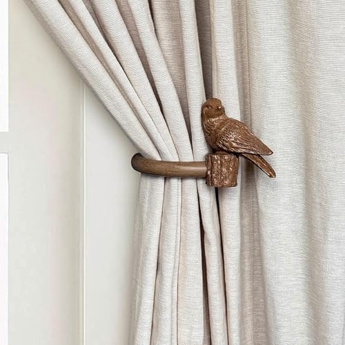 ILAISIHOME Curtain Drapery Holdbacks with Resin Bird, Wall Mount Drapery Hooks Holders, Set of 2, Wood Color, Suitable for Drywall