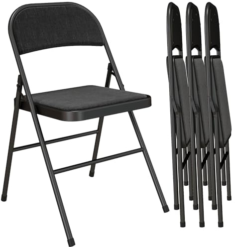 HOMCOM Padded Folding Chairs Cushioned Seat Metal Frame Set of 4 Black | PU Leather Foldable Office Chairs, Dining, Computer Desk, Reception Room