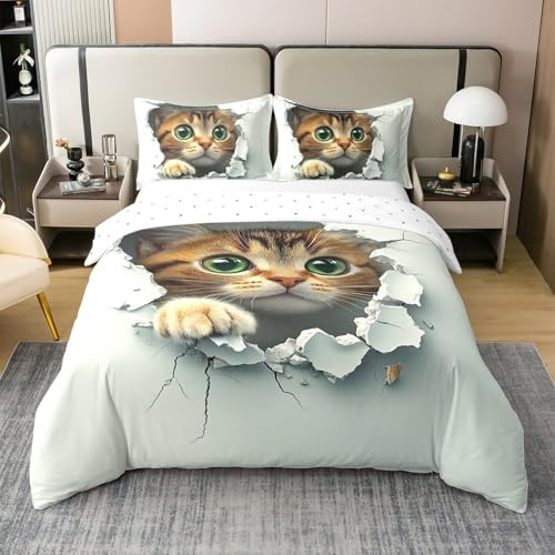 Loussiesd Kat Baumwolle Bettwäsche Set 155x220cm Katzen Drucken Bettbezug Set Jungen Mädchen Cute Kitten Betten Tier Betten Kat Liebesgeschenk 2Stück