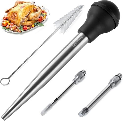 Cuentagotas de pavo con cepillo de limpieza, herramienta cuentagotas de acero inoxidable para cocinar, jeringa cuentagotas para asar pavo, incluye 2 agujas de jeringa de adobo de carne para Acción de