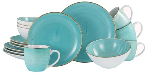 Creatable, 24539, Serie Vintage Nature Aqua, 16-teiliges Geschirrset für 4 Personen, Kombiservice aus Porzellan, spülmaschinen- und mikrowellengeeignet, Made in Europe