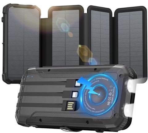 Saraupup Solar Power Bank 20000mAh Portable Charger Built-in 3 Cables and Wireless Charging Battery Pack Compatible for iPhone, IPX5 Waterproof, Bright Flashlight Perfect for Camping,Hiking,Outdoor