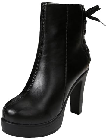 Stivaletti da donna eleganti con plateau e tacco alto, in finta pelle, con lacci laterali e cerniera laterale, Nero , 38 EU