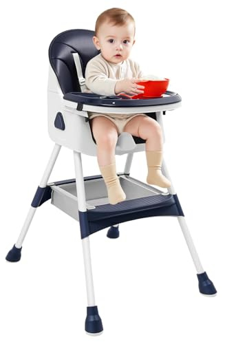 POTYYH Hochstuhl Baby, Klappbar Kinderhochstuhl mit Doppeltablett Babystuhl Kinderstuhl bis 80kg Verstellbare Kombihochstuhl mit 5-Punkt-Gurt für Babys von 6 Monaten bis 6 Jahren, Blau