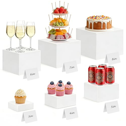 6 Pcs Buffet Risers - White Acrylic Food Risers for Buffet Table, 3x4x5x6x7x8Inch Display Stand Shelf Cube Dessert Stand Food Display Riser Box for Party Catering Collectibles Weddings Cupcake (White)