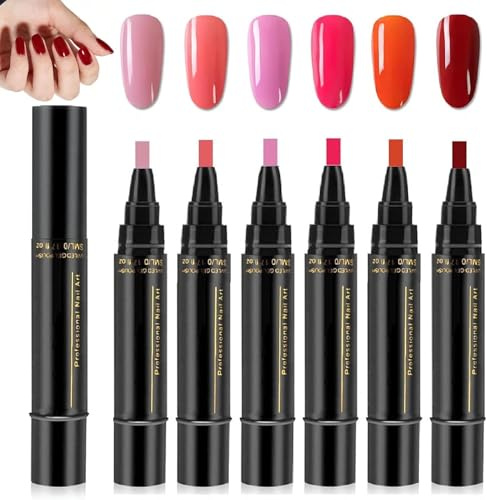 6PCS Nail Polish Pens UK, Nail Art Pens, 3 in 1 Gel Nail Varnish for Real Nails, Nail Pens, UV Gel Nails Polishs Crafts Pens, Nail Varnish Pens One Step Manicure Pen Set for Girls and Ladies