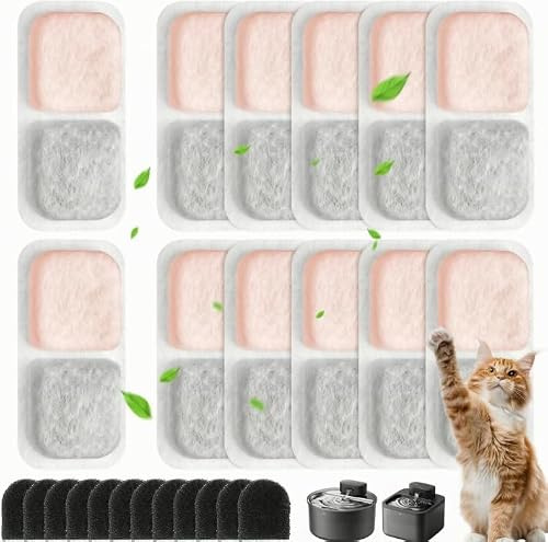 12-pack kattfontänfilter för oneisall PW13 PW14 2,2 l kattfontän rostfritt stål, innehåller 12 stycken 3-lagers filtersystem, filter, dricksfontän, katter och 12 svampar för pump