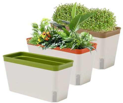 3 PCS Self Watering Plant Pots, 27CM Windowsill Herb Planter Box, Window Box Planter with Visual Water Level Window & Drainage Hole Hidden Tray for Indoor Outdoor Herbs Vegetables Succulents Plants