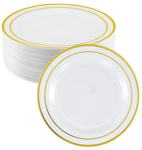 MAKTSAM 50 Pack White Plastic Plates with Gold Rim, 26cm 10 Inch Reusable Dinner Party Plates for Weddings, Birthdays and Events