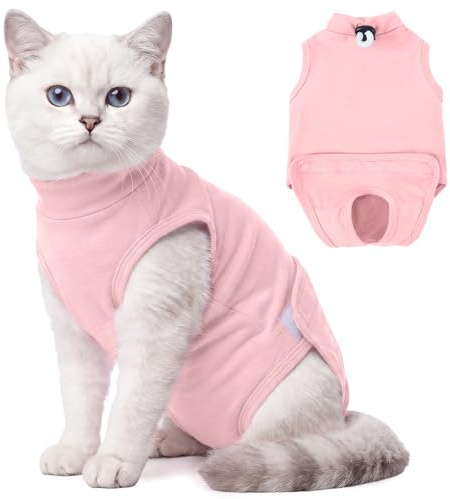 Hjyokuso Kattbody efter OP för stora katter, mjuk stretchkropp katt efter OP med tryckknappsöppning, andningsbar katt OP-kropp, kastrationsbody katt med läckageskydd rosa L
