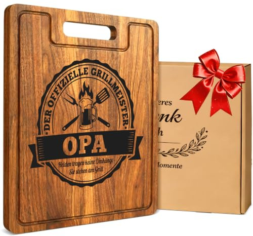 Planche à découper XXL avec gravure « Der offizielle Grillmeister OPA », planche à barbecue en bois d'acacia de qualité supérieure avec boîte cadeau, cadeau de fête des pères, cadeau d'anniversaire de
