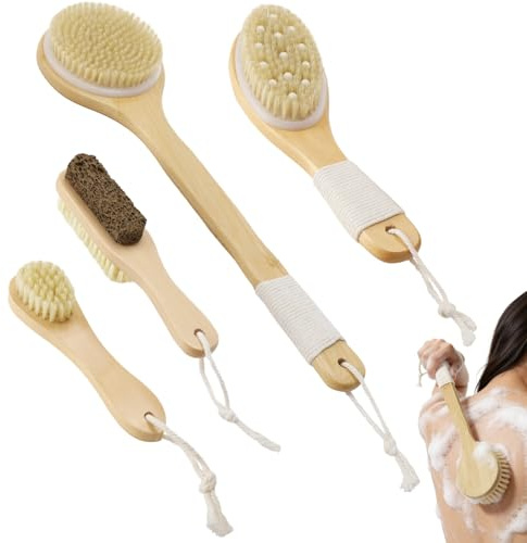 Set di 4 spazzole asciutte per corpo, setole di cinghiale con manici, strumenti esfolianti per il bagno e la doccia, per la cura di viso, schiena e piedi, scrubber manuali per uso bagnato o asciutto