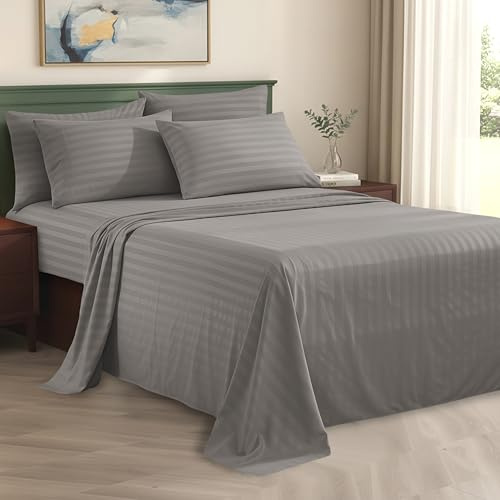 Elegancia y Confort 1500 Hilos Egipcio Calidad de Seda Arrugas Juego de Rayas Juego de sábanas, King, Color Gris