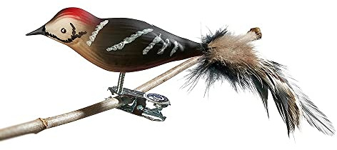 Birds of Glass® Glas-Vogel, Buntspecht mit Naturfeder, Glasschmuck Made in Germany aus eigener Herstellung, deko Vogel mit Clip, Glasvogel, echter Lauschaer Christbaumschmuck, für den Innenbereich