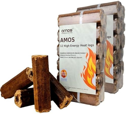 AMOS Ultra Dry High Energy Heat Logs Eco Friendly Low Smoke Minimal Ash Sustainable Recycled Wood Fuel for Open Fires Burners Chimeneas 24 Logs