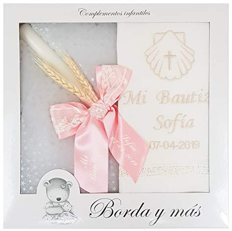 Kit de vela y pañuelo personalizado para bautizo – Pack de vela decorada para Bautizo y Paño bordado con nombre y fecha del Bautismo - Modelo París (Rosa)
