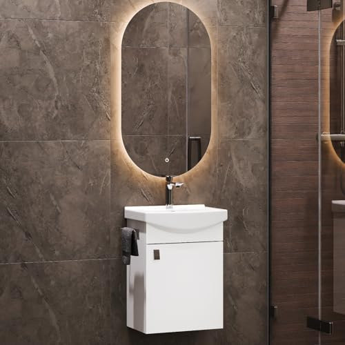 Planetmöbel Badmöbel Set Waschtisch mit Unterschrank | 45 x 60 x 33 cm, Spiegel mit Beleuchtung 50 x 90 cm für Badezimmer, Gäste WC & Bad, Weiß