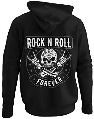 Rocker Männer Pullover mit Kapuze Rock n Roll Forever - Biker Kapuzenpullover Hoodie Herren für Death Rock Fans Heavy Metal Sweatshirt Gothic Regular Fit Baumwolle Schwarz S-5XL