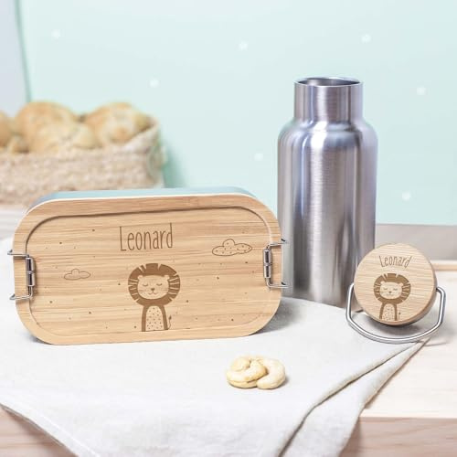 hellomini Lunchbox & Trinkflasche Bambus personalisiert | Geschenk zur Einschulung für Kinder | Isolierflasche Edelstahl & Brotdose mit Namen (Löwe)